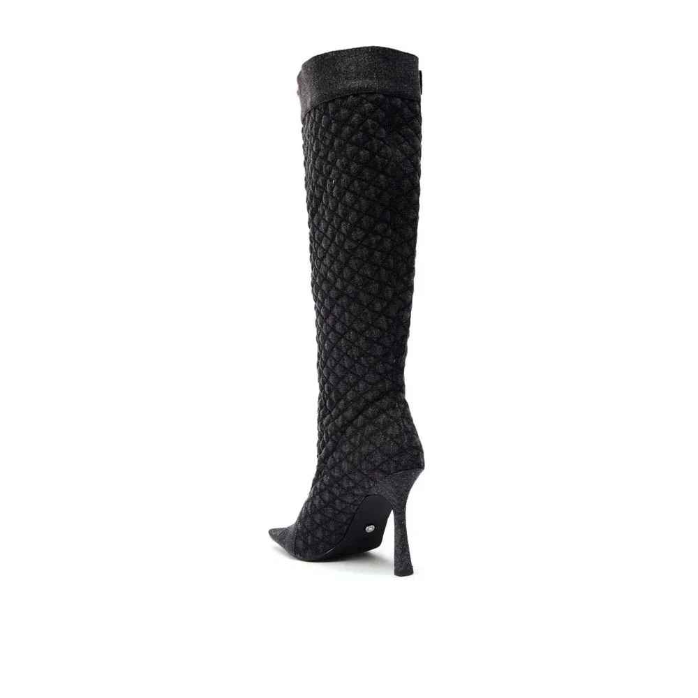 Azalea Wang Faded Black Denim Kazuki Mid Calf Boots Button‎ Detail Open Toe Heel